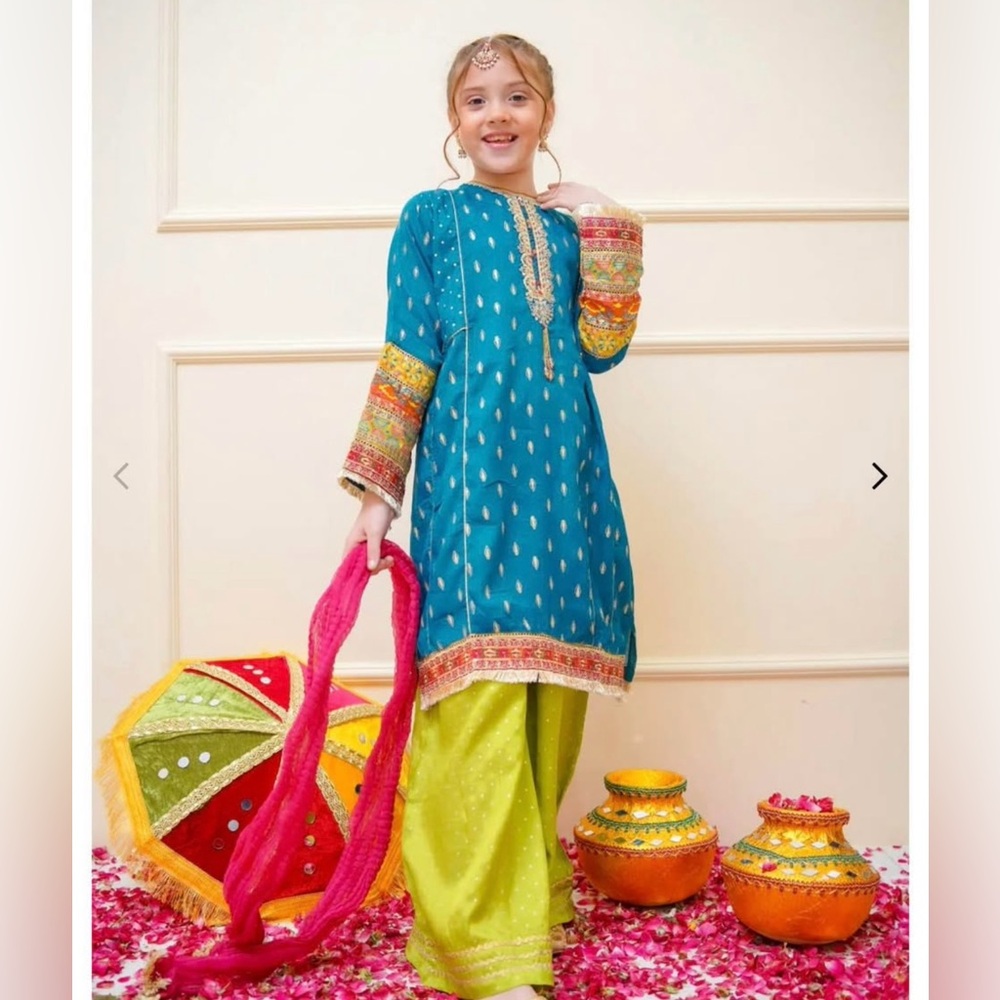 Vibrant Teal and Lime Green Traditional Outfit